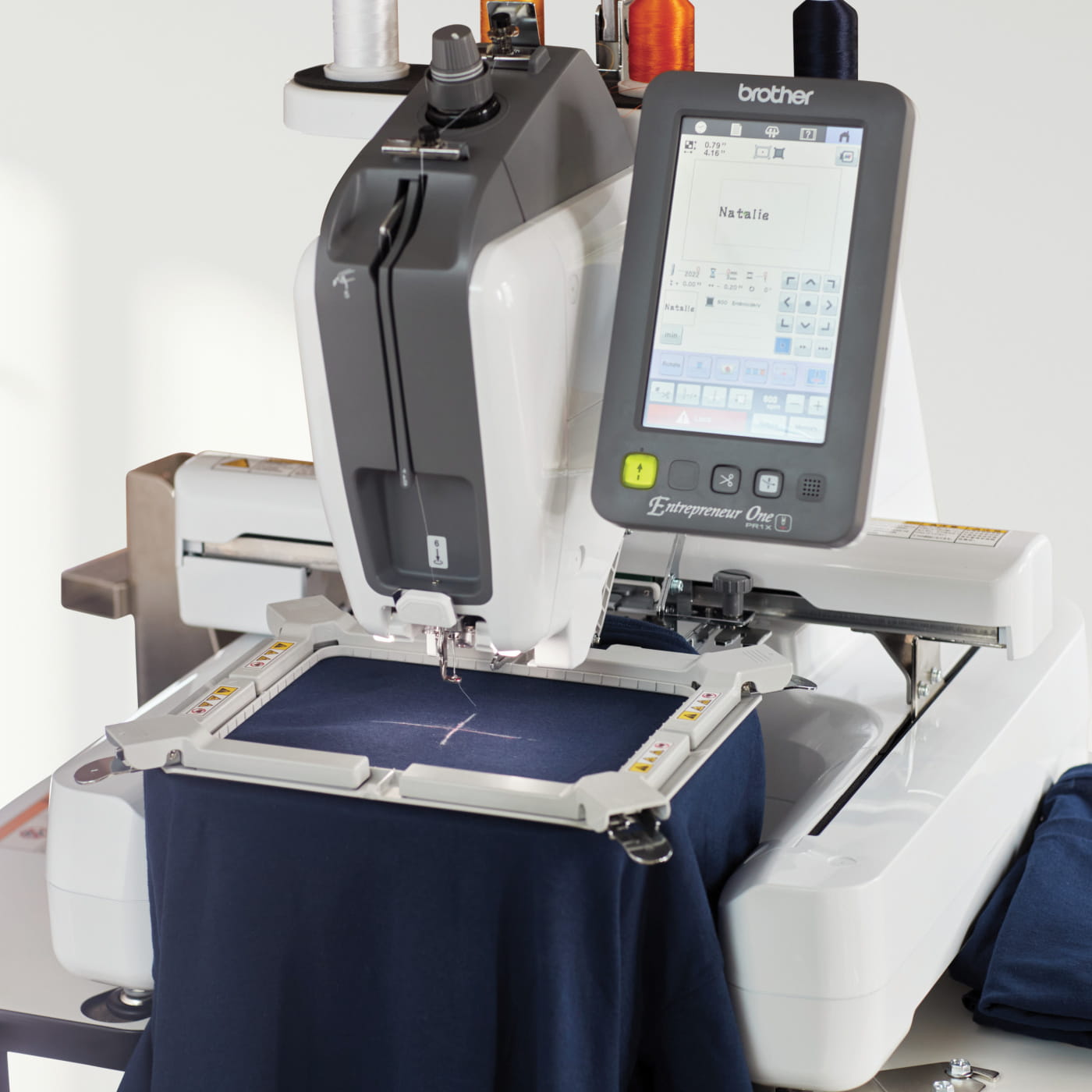 Image of Brother Entrepreneur One PR1x Single needle embroidery machine displaying the 2-point cross hair positioning function