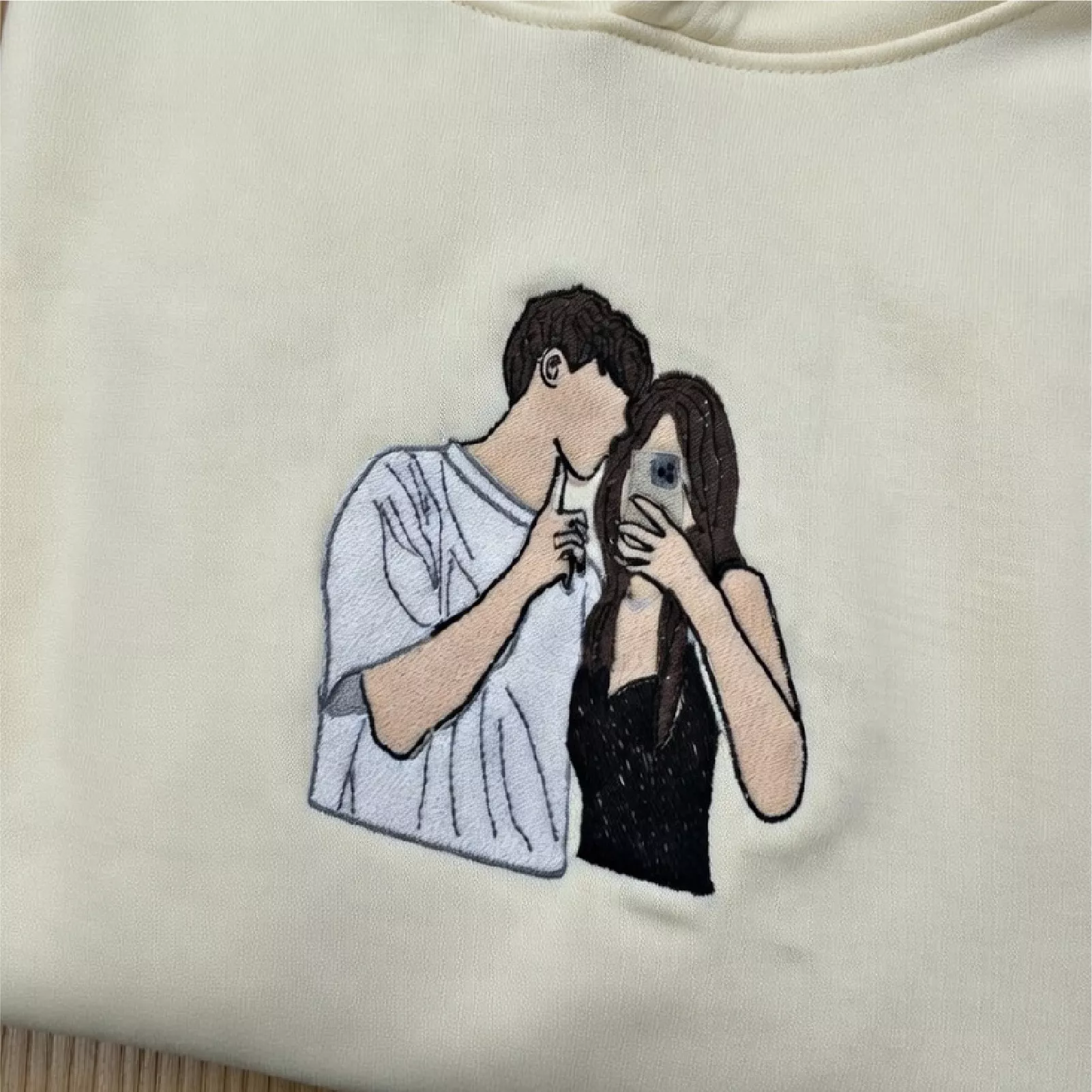 custom embroidery of kissing couple and love theme for casual wear