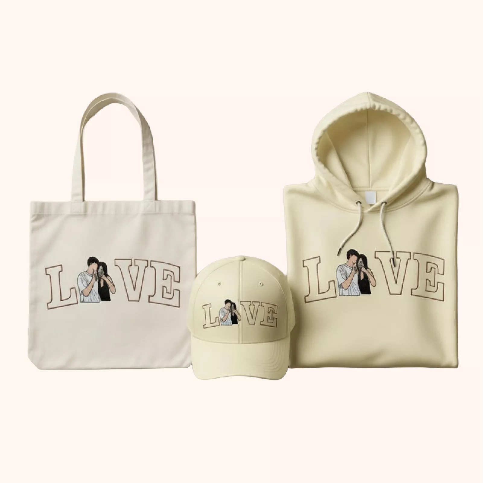 Personalized tote bag featuring stitched couple selfie design for sentimental gifts