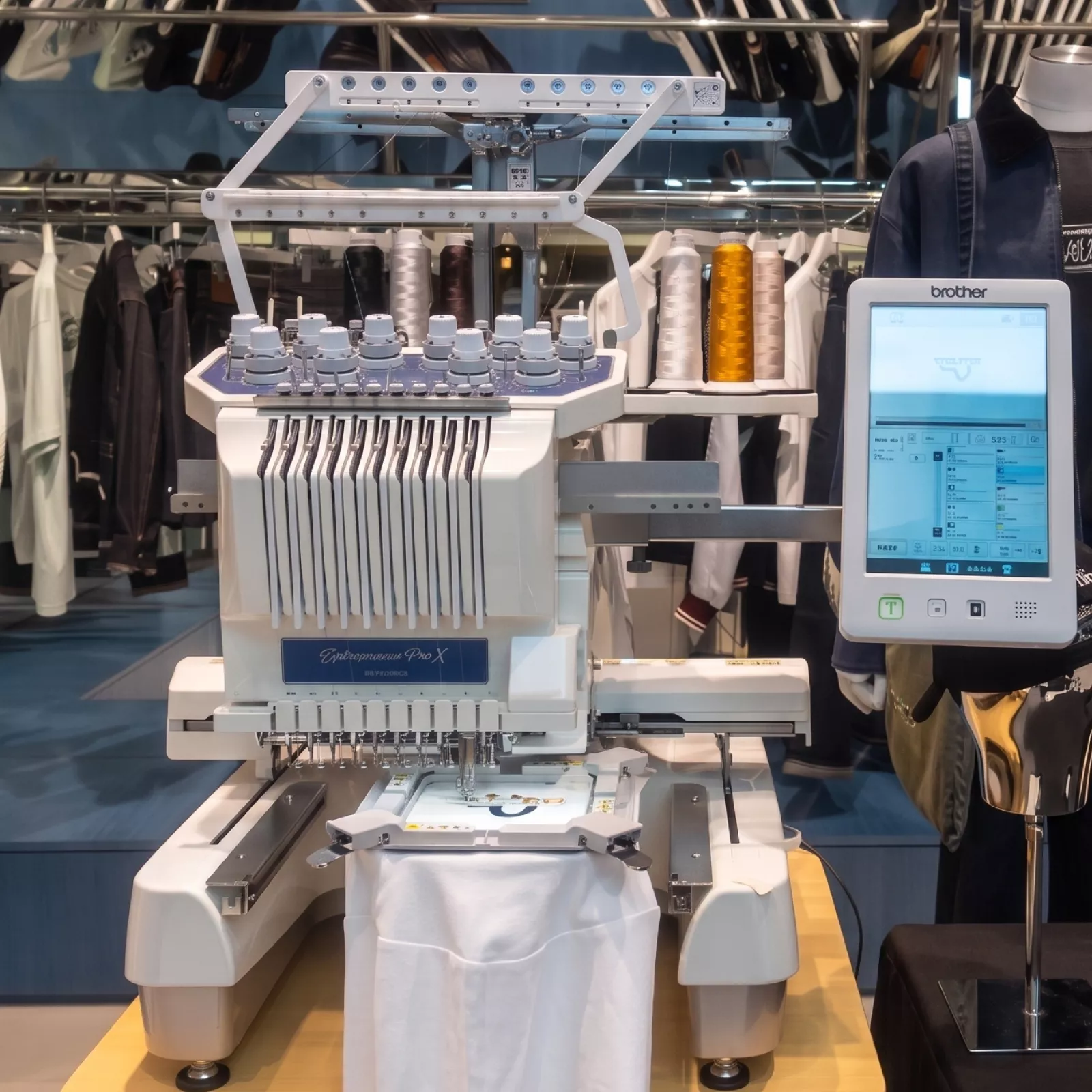 Brother 10針 PR 商用刺繡機於 EVISU 香港店舖現場設置