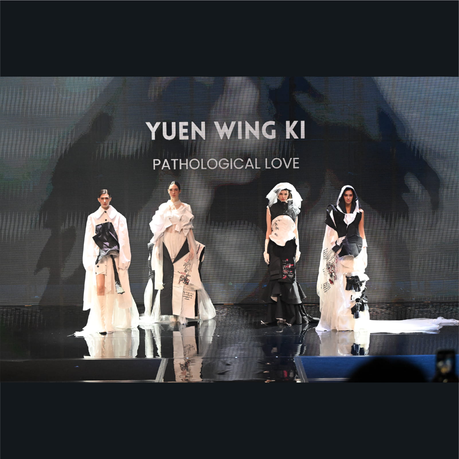 Four models on the runway showcasing the garments from the "PATHOLOGICAL LOVE" fashion collection by Yuen Wing Ki at the HKDI graduation show.