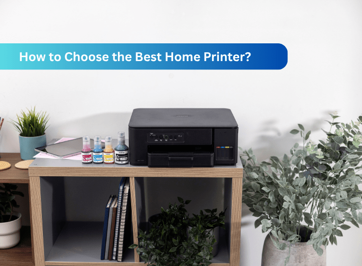 A compact printer positioned on a shelf alongside two plants, balancing technology and natural elements in the office.