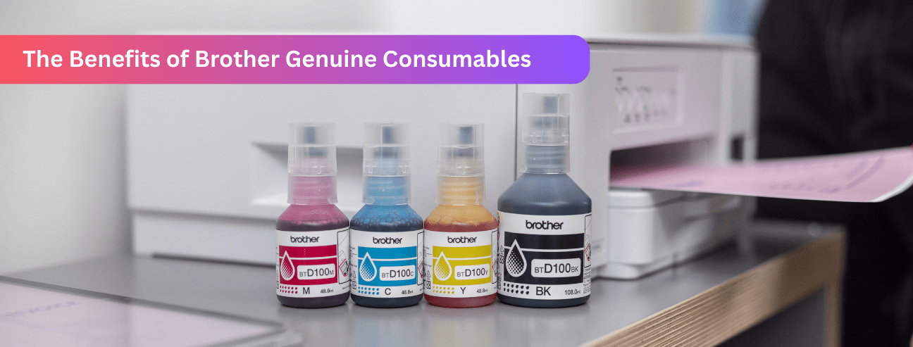A group of Brother genuine ink bottles in front of a compact printer
