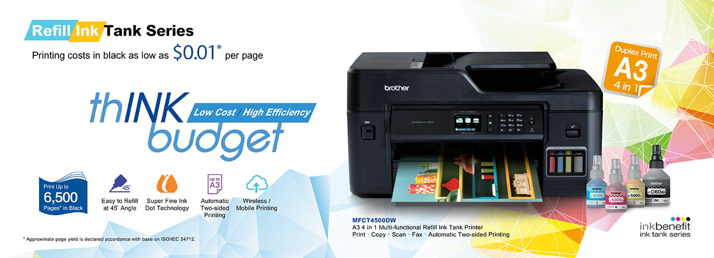 Banner showing main features of Brother A3 Refill Ink Tank Series